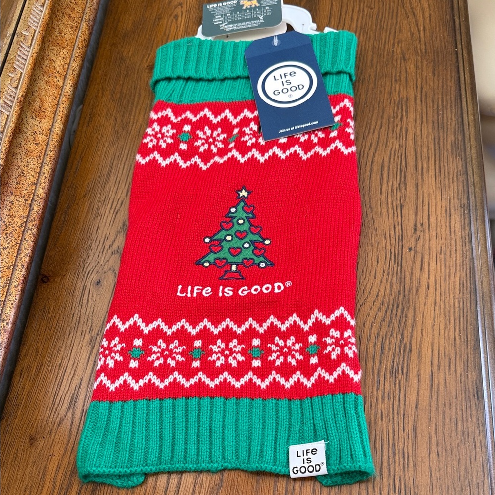 Life Is Good Dog Sweater in Festive Red and Green holiday pattern. Size Small.